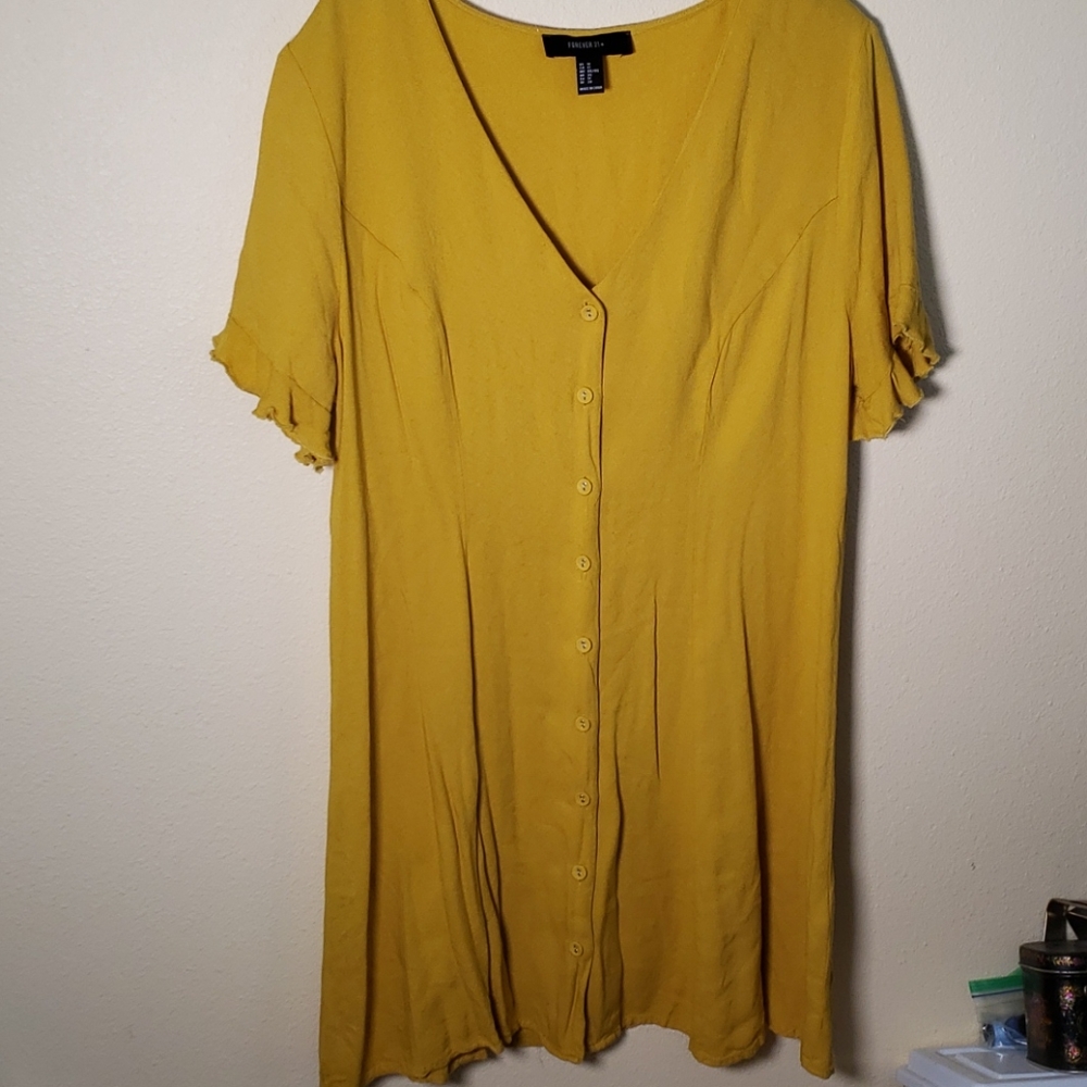 Forever 21 mustard dress ruffle sleeve